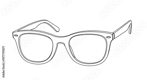 A line drawing of classic Wayfarer-style eyeglasses with thick frames
