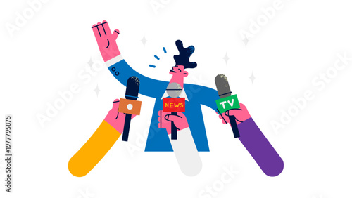 A colorful illustration of a person surrounded by microphones from various media outlets