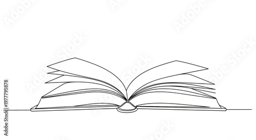 Open book with fanned pages, simple line art illustration