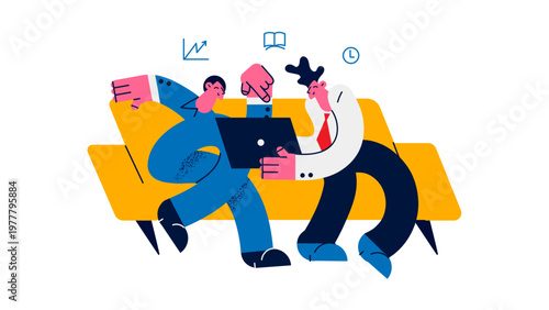 Two businessmen working together on a laptop in a modern office setting