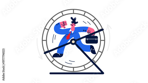 A cartoon businessman rushing inside a large clock