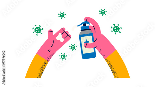A vector graphic illustration of hands using hand sanitizer to prevent germs