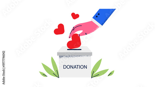 A vector graphic illustration of a hand donating a heart to a box