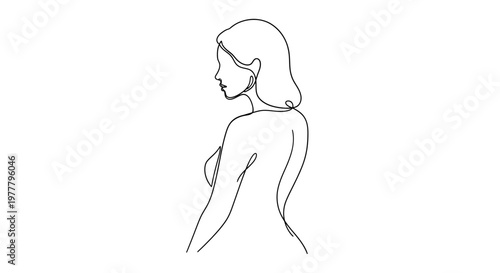 Minimalist line art depicts woman's profile, shoulders, and upper back