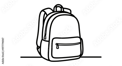 Black outline of a backpack with a front pocket and shoulder straps