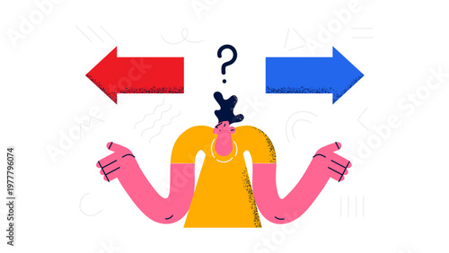 A cartoon person with a question mark above their head stands between two arrows