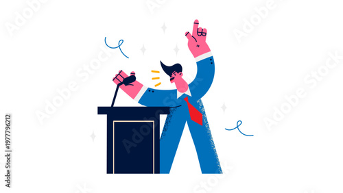 A cartoon man in a blue suit celebrating at a podium
