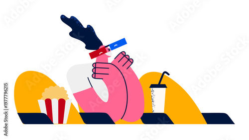 A colorful vector illustration of a person enjoying snacks while watching a movie