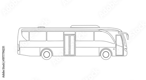 A clean, grey outline drawing of a long passenger bus with two doors and windows