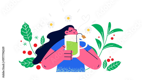 A vibrant illustration of a woman enjoying a cup of green tea surrounded by lush plants and flowers