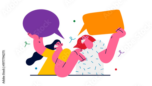A colorful vector illustration of two women lying down holding speech bubbles