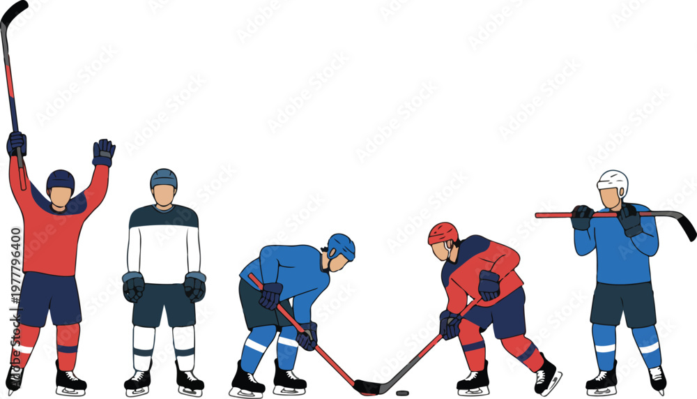 Fototapeta premium Clean flat design illustration of ice hockey player silhouettes in contrasting jerseys arranged in horizontal motion sequence