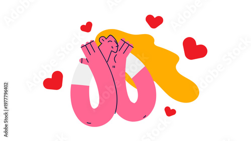 A colorful vector graphic of a magnet attracting hearts