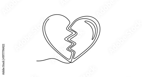 A single black line drawing of a broken heart with jagged edges