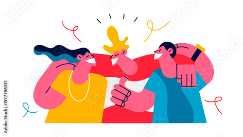A colorful illustration of three people fist bumping in celebration