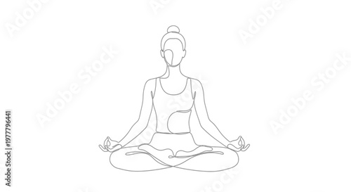 Line art of a person in lotus pose, hands in Gyan Mudra, on white