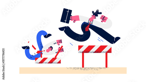 A businessman jumping over a hurdle while another falls down