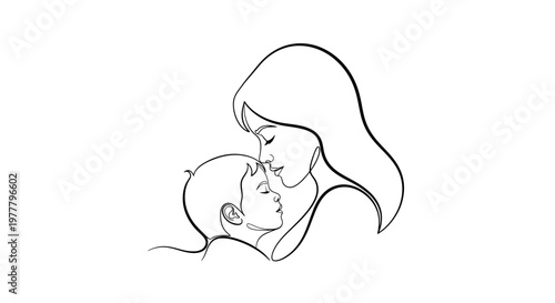 Minimalist line art depicts a mother tenderly embracing her sleeping child