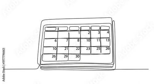 A minimalist black line drawing depicts a desk calendar with numbered squares