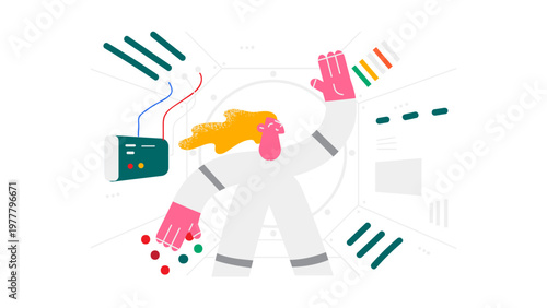 A colorful vector illustration of a joyful astronaut in space with various gadgets