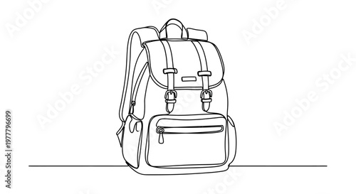 A minimalist line drawing of a classic backpack with buckle closures and zipper