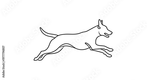 A minimalist black line drawing depicts a dog mid-leap, its body extended