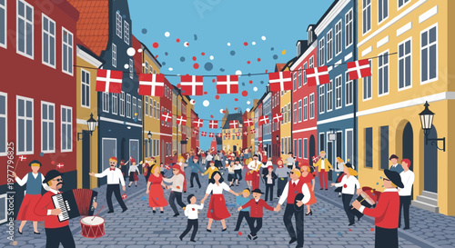 Danish Street Festival: People Celebrating with Flags and Music