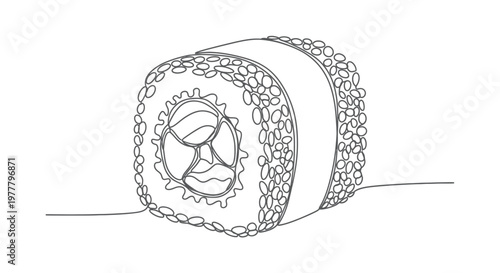 A minimalist outline drawing of a single sushi roll with fillings visible