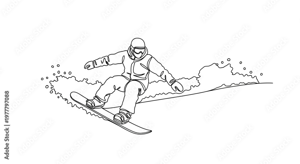 Fototapeta premium One-line drawing of a snowboarder carving through powder