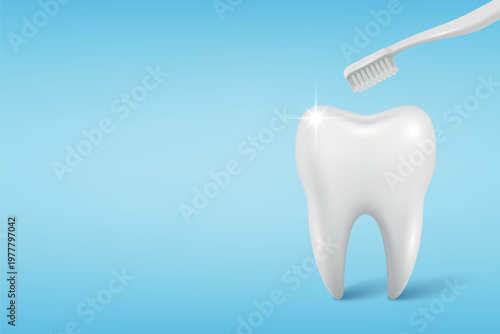 Vector 3d Tooth with Toothbrush Dental Care, Oral Hygiene Concept. Clean White Tooth and Toothbrush on Blue Background, Dentistry Clinic Banner. Dental Health Poster