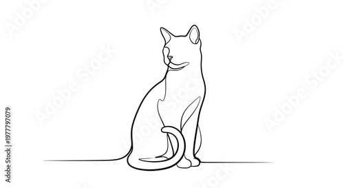 Minimalist one-line drawing of a seated cat looking left