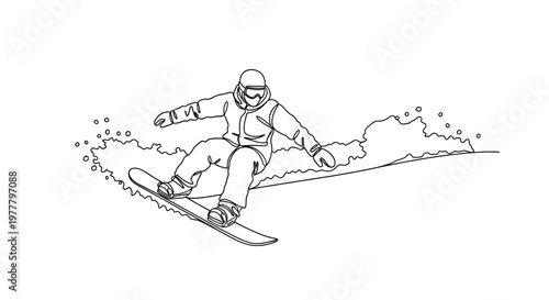 One-line drawing of a snowboarder carving through powder