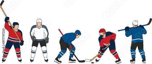 Canvas Print Clean flat design illustration of ice hockey player silhouettes in contrasting j