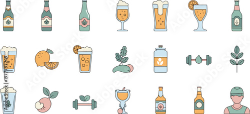 Set of Craft Beer and Healthy Lifestyle Illustrations Combining Beer Bottles, Glasses, Citrus Fruits, Fitness Elements, and Wellness Balance