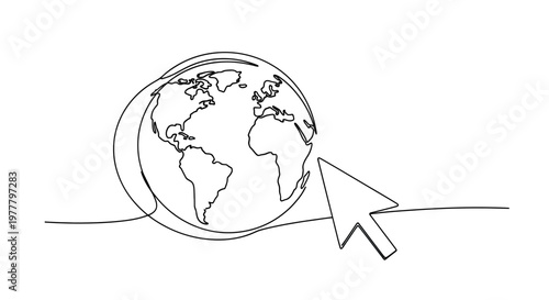 Single continuous line drawing of a stylized globe with an arrow cursor