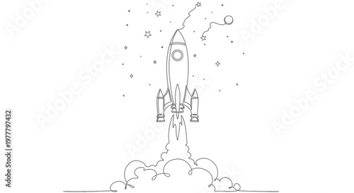 A minimalist outline drawing of a rocket launching amidst stars and clouds