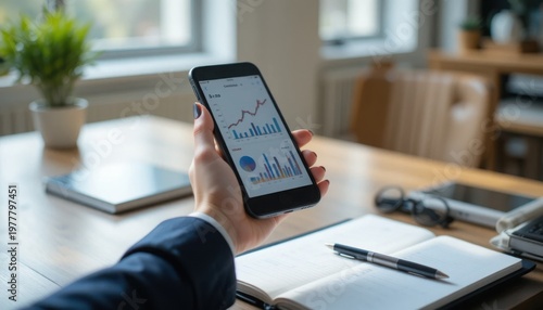 Professional business woman�s hand checking data charts on smartphone while working remotely at a bright minimalist wooden desk with natural light. (139 characters)