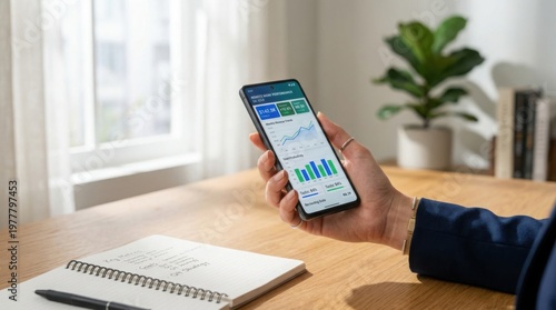 Professional business woman�s hand checking data charts on smartphone while working remotely at a bright minimalist wooden desk with natural light. (139 characters)