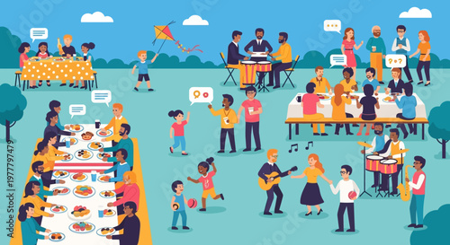 Diverse Community Outdoor Gathering with Food, Music, and Fun Activities