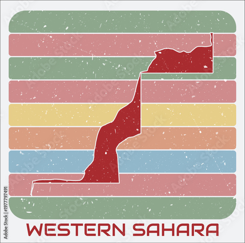 Western Sahara vintage logo. Shape of the country on retro colored stripes background. Western Sahara map design with grunge scratch texture. Vector illustration.