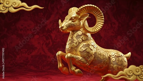 luxury red and gold chinese horse new year background 2027 new year with copy space for text celebrating the Chinese Zodiac, featuring a shimmering gold ram symbolizing with copy space 
