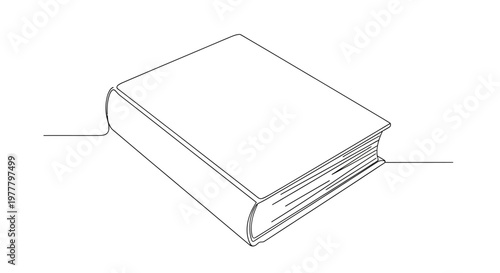 A simple line drawing of an open hardcover book, depicted from a three-quarter angle