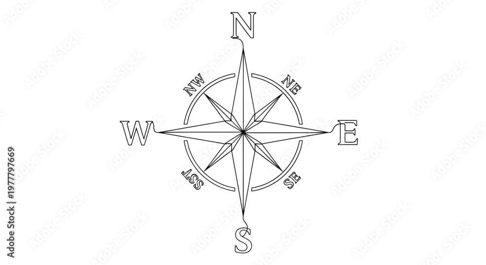 Obraz premium Minimalist line drawing of a compass rose with cardinal directions