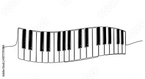 A flowing, abstract line drawing of a curved piano keyboard with black and white keys