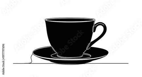 Minimalist black silhouette of a teacup and saucer with a tea bag string