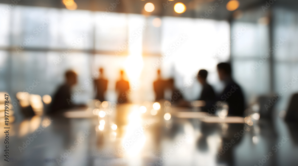Fototapeta premium Blurred Corporate Team Discussion in Modern Office with Warm Sunlight