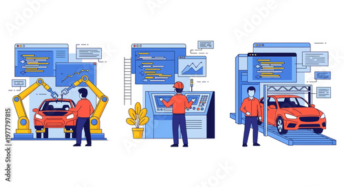 Auto car plant with robot arm and man at desk for tech smart tool shop