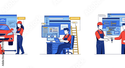 Car fix job work auto shop tool team male staff key part task plan desk garage