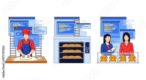 Bakery shop service with baker and oven and bread and sales and staff and chef