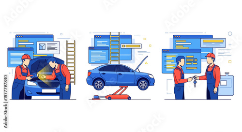 Professional mechanics at automotive service center repair car engine lift vehicle and hand over keys today